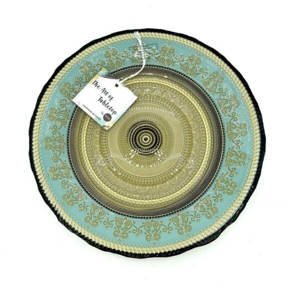 Turkish Glass 11" Entrée Plates Hand Painted Oriental Pattern Set of 4 NWT Blue